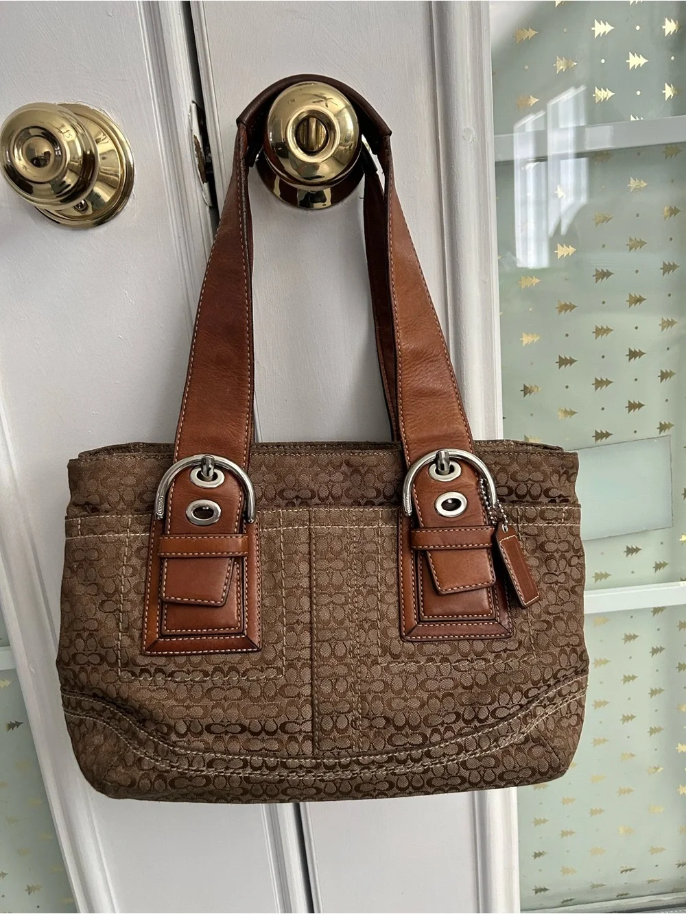 Coach Brown Signature Shoulder Bag with Leather Trim